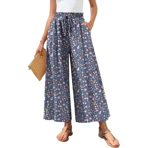 image:imageBestbee Womens Wide Leg Palazzo Pants Dressy Casual Gaucho Cropped Pants Elastic Waist with PocketsBluemulti Flower
