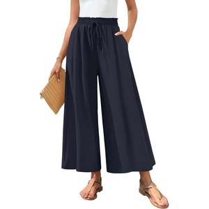 image:imageBestbee Womens Wide Leg Palazzo Pants Dressy Casual Gaucho Cropped Pants Elastic Waist with PocketsDark Blue