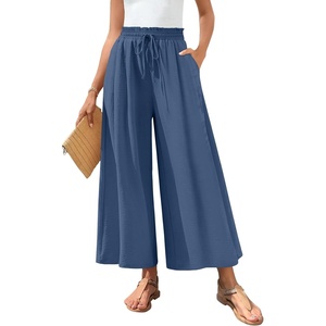 image:imageBestbee Womens Wide Leg Palazzo Pants Dressy Casual Gaucho Cropped Pants Elastic Waist with PocketsDenim Blue