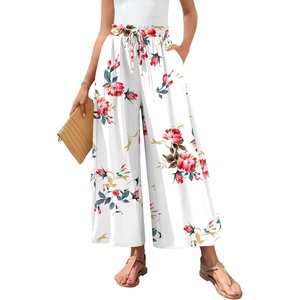 image:imageBestbee Womens Wide Leg Palazzo Pants Dressy Casual Gaucho Cropped Pants Elastic Waist with PocketsFloral White