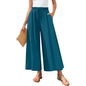 image:imageBestbee Womens Wide Leg Palazzo Pants Dressy Casual Gaucho Cropped Pants Elastic Waist with PocketsGrayish Blue