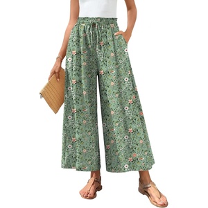 image:imageBestbee Womens Wide Leg Palazzo Pants Dressy Casual Gaucho Cropped Pants Elastic Waist with PocketsGreen Flowers