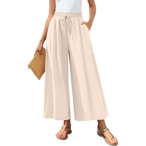 image:imageBestbee Womens Wide Leg Palazzo Pants Dressy Casual Gaucho Cropped Pants Elastic Waist with PocketsIvory White
