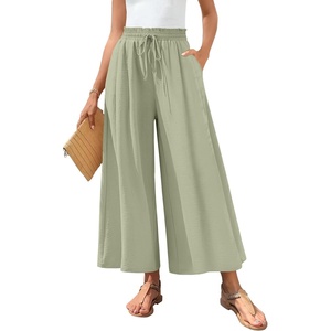 image:imageBestbee Womens Wide Leg Palazzo Pants Dressy Casual Gaucho Cropped Pants Elastic Waist with PocketsLight Green