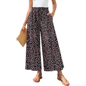image:imageBestbee Womens Wide Leg Palazzo Pants Dressy Casual Gaucho Cropped Pants Elastic Waist with PocketsLittle Fl Black