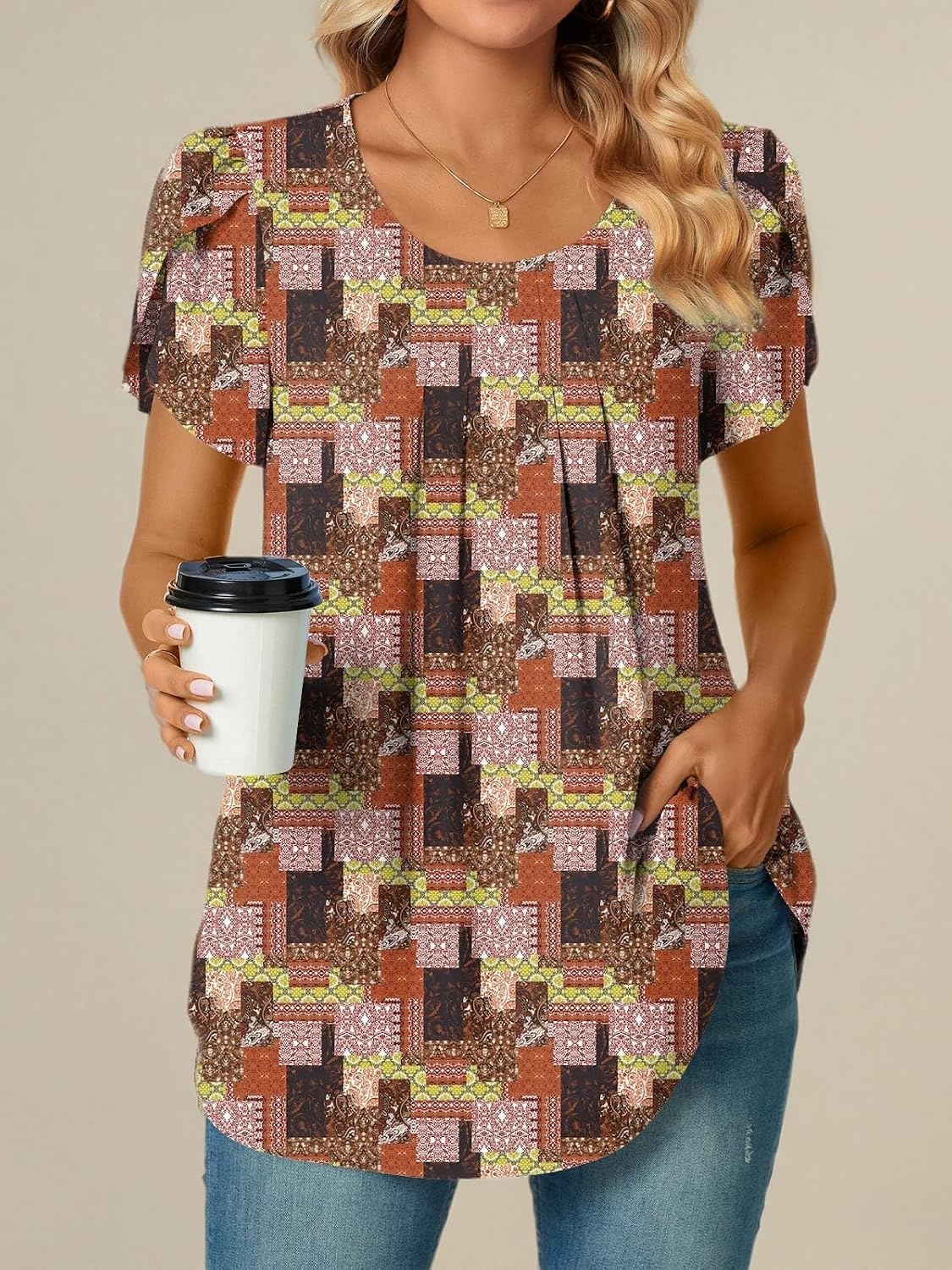 image:imageBestbee Womens Plus Size Tops Dressy Casual Summer Chiffon Blouses Short Sleeve Dress Shirts Business Loose Fit TunicsCrewneck Vintage Checkers