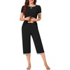 image:imageBestbee Womens Pajama Set 2 Piece Lounge Outfit Sleepwear Set Crew Neck TShirt Capri Pant With Pockets Ladies PjsBlackGrey