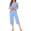 image:imageBestbee Womens Pajama Set 2 Piece Lounge Outfit Sleepwear Set Crew Neck TShirt Capri Pant With Pockets Ladies PjsBluewhite FlowerGrey