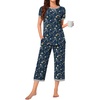 image:imageBestbee Womens Pajama Set 2 Piece Lounge Outfit Sleepwear Set Crew Neck TShirt Capri Pant With Pockets Ladies PjsFlowersnavyGrey