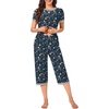 image:imageBestbee Womens Pajama Set 2 Piece Lounge Outfit Sleepwear Set Crew Neck TShirt Capri Pant With Pockets Ladies PjsFlowersnavyGrey