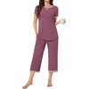 image:imageBestbee Womens Pajama Set 2 Piece Lounge Outfit Sleepwear Set Crew Neck TShirt Capri Pant With Pockets Ladies PjsPurple RedGrey