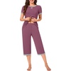 image:imageBestbee Womens Pajama Set 2 Piece Lounge Outfit Sleepwear Set Crew Neck TShirt Capri Pant With Pockets Ladies PjsPurple RedGrey