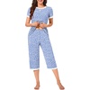 image:imageBestbee Womens Pajama Set 2 Piece Lounge Outfit Sleepwear Set Crew Neck TShirt Capri Pant With Pockets Ladies PjsSpotted BlueWhite