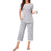 image:imageBestbee Womens Pajama Set 2 Piece Lounge Outfit Sleepwear Set Crew Neck TShirt Capri Pant With Pockets Ladies PjsStar GreyWhite