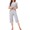 image:imageBestbee Womens Pajama Set 2 Piece Lounge Outfit Sleepwear Set Crew Neck TShirt Capri Pant With Pockets Ladies PjsStar GreyWhite