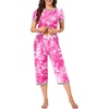 image:imageBestbee Womens Pajama Set 2 Piece Lounge Outfit Sleepwear Set Crew Neck TShirt Capri Pant With Pockets Ladies PjsTiedye Rose RedGrey