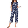 image:imageBestbee Womens Pajama Set 2 Piece Lounge Outfit Sleepwear Set Crew Neck TShirt Capri Pant With Pockets Ladies PjsWhite FlowersnavyGrey