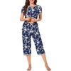 image:imageBestbee Womens Pajama Set 2 Piece Lounge Outfit Sleepwear Set Crew Neck TShirt Capri Pant With Pockets Ladies PjsWhite FlowersnavyGrey