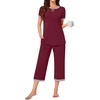 image:imageBestbee Womens Pajama Set 2 Piece Lounge Outfit Sleepwear Set Crew Neck TShirt Capri Pant With Pockets Ladies PjsWine RedGrey
