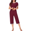 image:imageBestbee Womens Pajama Set 2 Piece Lounge Outfit Sleepwear Set Crew Neck TShirt Capri Pant With Pockets Ladies PjsWine RedGrey