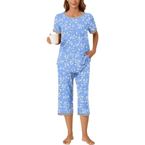 image:imageBestbee Womens Pajama Set 2 Piece Lounge Outfit Sleepwear Set Crew Neck TShirt Capri Pant With Pockets Ladies PjsBluewhite FlowerGrey