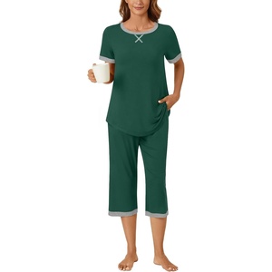 image:imageBestbee Womens Pajama Set 2 Piece Lounge Outfit Sleepwear Set Crew Neck TShirt Capri Pant With Pockets Ladies PjsDark GreenGrey