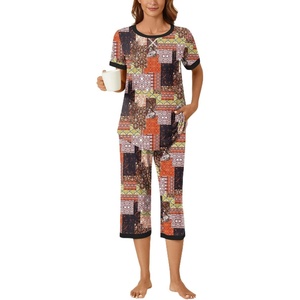 image:imageBestbee Womens Pajama Set 2 Piece Lounge Outfit Sleepwear Set Crew Neck TShirt Capri Pant With Pockets Ladies PjsFlower Multiple OrangeBlack