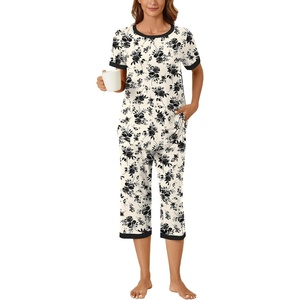 image:imageBestbee Womens Pajama Set 2 Piece Lounge Outfit Sleepwear Set Crew Neck TShirt Capri Pant With Pockets Ladies PjsFlowersnavyBlack