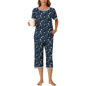image:imageBestbee Womens Pajama Set 2 Piece Lounge Outfit Sleepwear Set Crew Neck TShirt Capri Pant With Pockets Ladies PjsFlowersnavyGrey