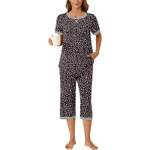 image:imageBestbee Womens Pajama Set 2 Piece Lounge Outfit Sleepwear Set Crew Neck TShirt Capri Pant With Pockets Ladies PjsLittle Fl BlackGrey