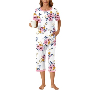 image:imageBestbee Womens Pajama Set 2 Piece Lounge Outfit Sleepwear Set Crew Neck TShirt Capri Pant With Pockets Ladies PjsPink FlowerwhitePink