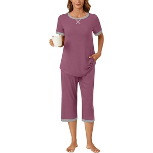 image:imageBestbee Womens Pajama Set 2 Piece Lounge Outfit Sleepwear Set Crew Neck TShirt Capri Pant With Pockets Ladies PjsPurple RedGrey