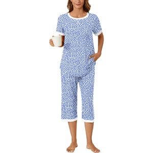 image:imageBestbee Womens Pajama Set 2 Piece Lounge Outfit Sleepwear Set Crew Neck TShirt Capri Pant With Pockets Ladies PjsSpotted BlueWhite