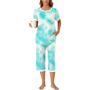 image:imageBestbee Womens Pajama Set 2 Piece Lounge Outfit Sleepwear Set Crew Neck TShirt Capri Pant With Pockets Ladies PjsTiedye Light BlueWhite