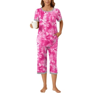 image:imageBestbee Womens Pajama Set 2 Piece Lounge Outfit Sleepwear Set Crew Neck TShirt Capri Pant With Pockets Ladies PjsTiedye Rose RedGrey