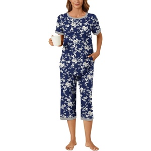 image:imageBestbee Womens Pajama Set 2 Piece Lounge Outfit Sleepwear Set Crew Neck TShirt Capri Pant With Pockets Ladies PjsWhite FlowersnavyGrey