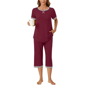 image:imageBestbee Womens Pajama Set 2 Piece Lounge Outfit Sleepwear Set Crew Neck TShirt Capri Pant With Pockets Ladies PjsWine RedGrey