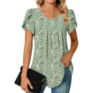 image:imageBestbee Womens Plus Size Tops Dressy Casual Summer Chiffon Blouses Short Sleeve Dress Shirts Business Loose Fit TunicsCrewneck Green Flowers