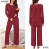 image:imageBestbee Womens Pajama Set 2 Piece Lounge Outfits Sleepwear Fall Long Sleeve Long Pant With Pockets Ladies PjsWine Red