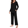 image:imageBestbee Womens Pajama Set 2 Piece Lounge Outfits V Neck Sleepwear Fall Long Sleeve Long Pants With Pockets Ladies PjsBlack