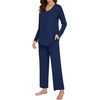 image:imageBestbee Womens Pajama Set 2 Piece Lounge Outfits V Neck Sleepwear Fall Long Sleeve Long Pants With Pockets Ladies PjsNavy Blue