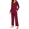 image:imageBestbee Womens Pajama Set 2 Piece Lounge Outfits V Neck Sleepwear Fall Long Sleeve Long Pants With Pockets Ladies PjsWine Red