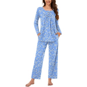image:imageBestbee Womens Pajama Set 2 Piece Lounge Outfits Sleepwear Fall Long Sleeve Long Pant With Pockets Ladies PjsBluewhite Flower
