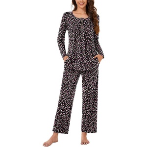 image:imageBestbee Womens Pajama Set 2 Piece Lounge Outfits Sleepwear Fall Long Sleeve Long Pant With Pockets Ladies PjsLittle Flower Black