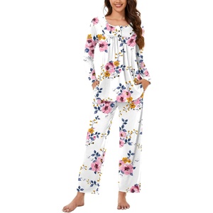 image:imageBestbee Womens Pajama Set 2 Piece Lounge Outfits Sleepwear Fall Long Sleeve Long Pant With Pockets Ladies PjsPink Flowerwhite