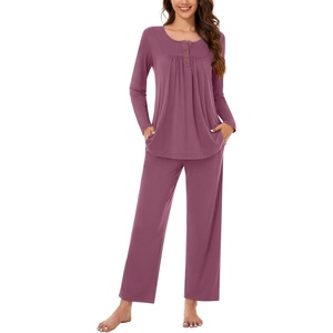 image:imageBestbee Womens Pajama Set 2 Piece Lounge Outfits Sleepwear Fall Long Sleeve Long Pant With Pockets Ladies PjsPurple Red