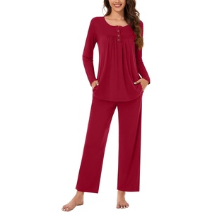 image:imageBestbee Womens Pajama Set 2 Piece Lounge Outfits Sleepwear Fall Long Sleeve Long Pant With Pockets Ladies PjsRed