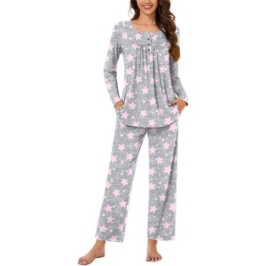 image:imageBestbee Womens Pajama Set 2 Piece Lounge Outfits Sleepwear Fall Long Sleeve Long Pant With Pockets Ladies PjsStar Grey