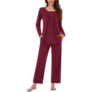 image:imageBestbee Womens Pajama Set 2 Piece Lounge Outfits Sleepwear Fall Long Sleeve Long Pant With Pockets Ladies PjsWine Red