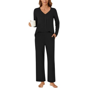 image:imageBestbee Womens Pajama Set 2 Piece Lounge Outfits V Neck Sleepwear Fall Long Sleeve Long Pants With Pockets Ladies PjsBlack